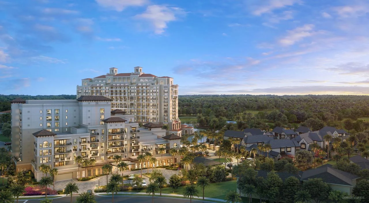 Four Seasons Resort Orlando and its landscaped lakeside grounds at dusk