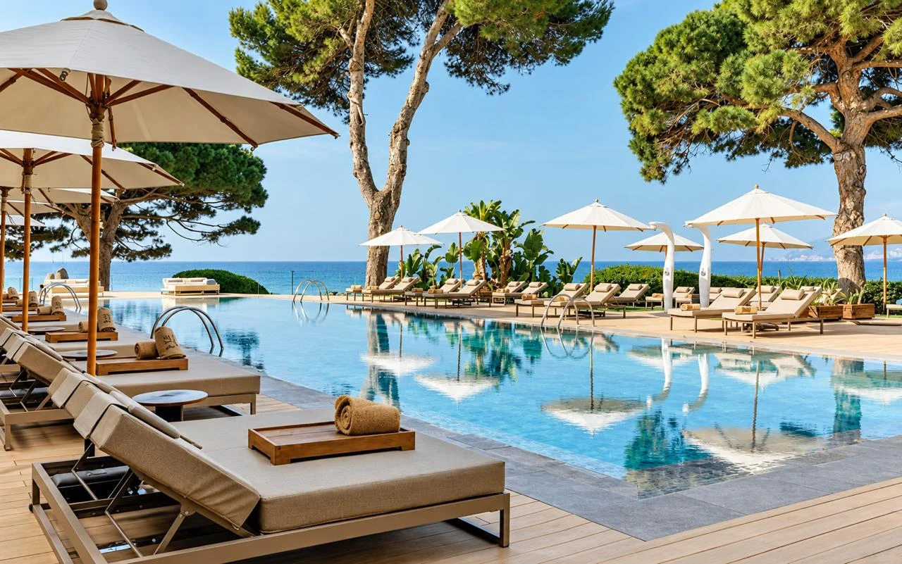The pool terrace at ME Ibiza overlooking the Mediterranean